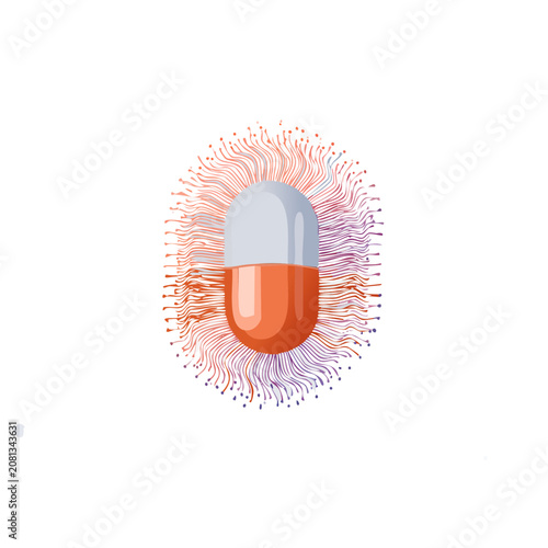 Orange and blue capsule pill with radiating lines vector