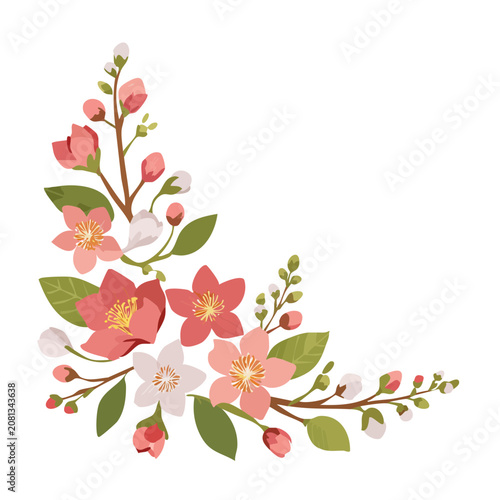 Pink and red flower branch with leaves, flat vector illustration