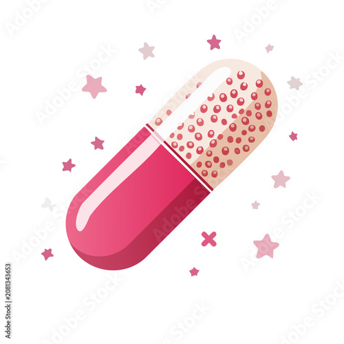 Pink pill capsule with decorative stars and dots