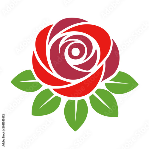 Red rose icon with green leaves on transparent background