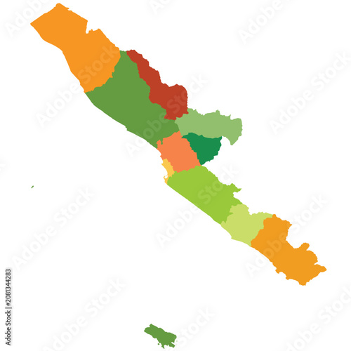 Detailed vector map of Bengkulu province with 10 administrative regencies and cities.