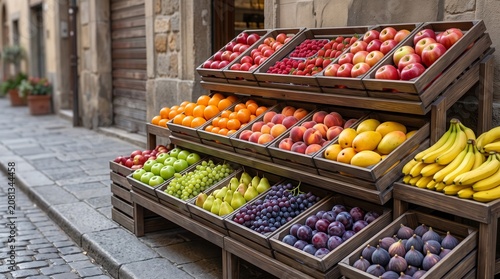 Rustic outdoor fruit market display, fresh organic produce in wooden crates, vibrant assortment of summer fruits on a cobblestone street