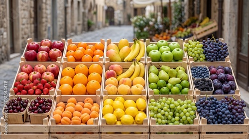 Fresh organic fruit display in wooden crates, colorful assortment of summer fruits at an outdoor market, vibrant harvest of apples oranges and grapes