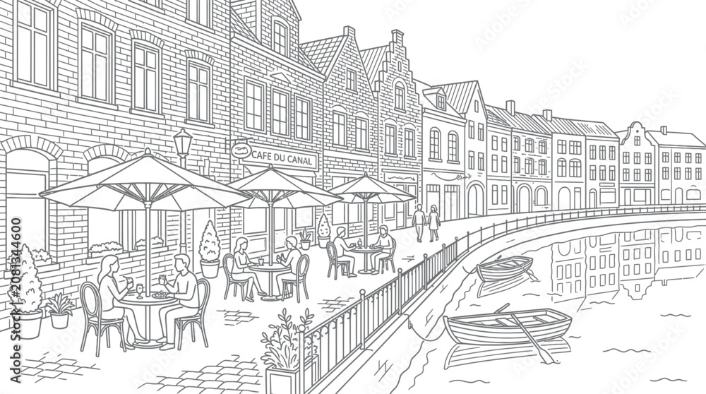 Fototapeta premium European Canal Cafe Scene Illustration - Outdoor Seating and Boats