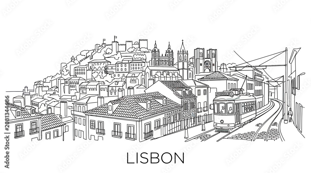 Obraz premium Lisbon Skyline Sketch with Tram and Castle - Hand-drawn Cityscape Illustration