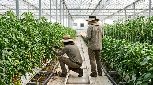 Modern greenhouse farming, professional agricultural workers harvesting organic tomatoes, sustainable indoor vegetable plantation and glasshouse horticulture