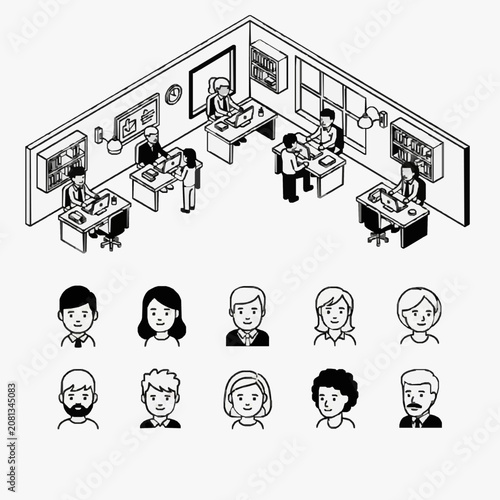 Minimalist Black and White Isometric Office Floor Plan with Ten Employee Icons Set with high quality professional line art symbols for modern creative design and digital branding projects