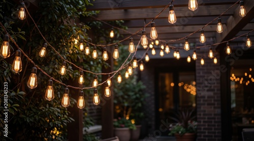 Vintage string lights hanging in a backyard patio, warm edison bulbs glowing at night, cozy outdoor terrace lighting for evening events and celebrations