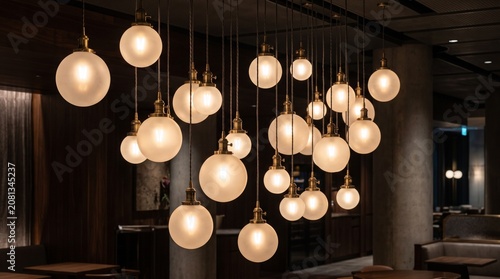 Modern pendant lighting installation, glowing frosted glass globe lamps, elegant interior decor for luxury restaurant or hotel lobby lounge