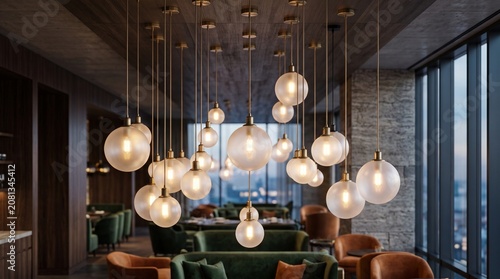 Modern glass globe pendant lights in luxury lounge, elegant spherical hanging lamps in upscale restaurant interior, warm ambient lighting design