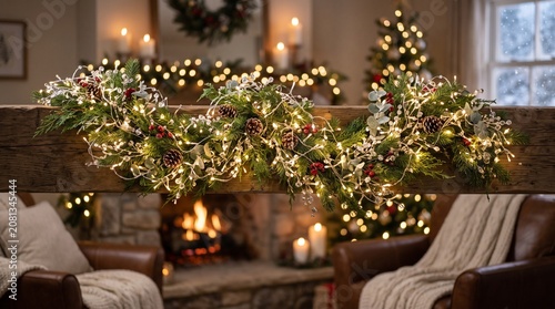 Rustic Christmas garland with fairy lights on wooden mantel, cozy fireplace interior with holiday decorations, warm festive living room background