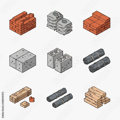 Minimalist Isometric of Construction Materials Bricks Concrete Blocks Steel Bars and Cinder Blocks in Various Arrangements