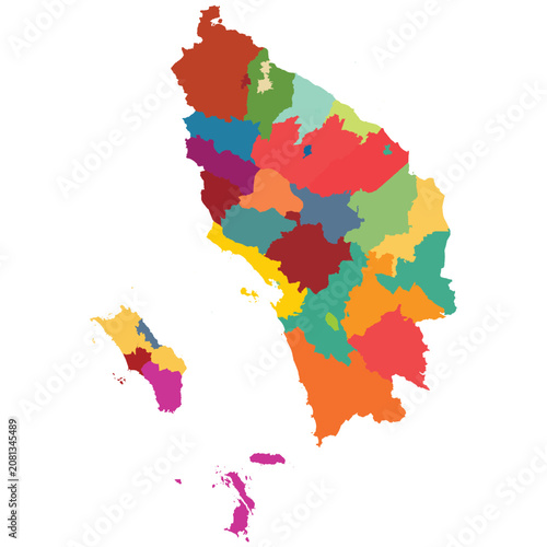 Detailed vector map of North Sumatra (Sumatera Utara) province with 33 regencies.