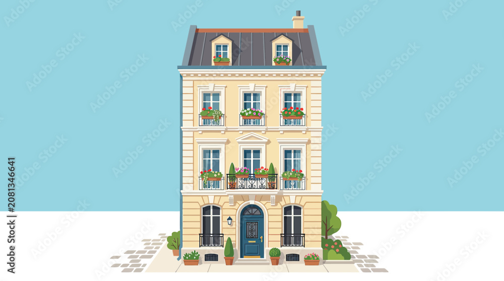 Fototapeta premium Charming Parisian Apartment Building Facade with Balconies and Flowers