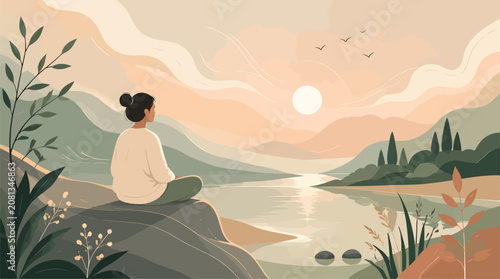 Obraz na plátně Woman Meditating by Serene Lake at Sunrise in Peaceful Mountain Landscape, Calm