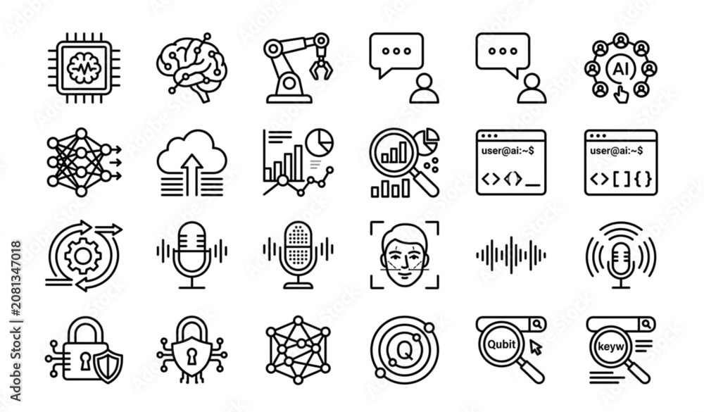 Fototapeta premium Minimal black and white artificial intelligence icons pack with neural network robotics and machine learning symbols vector isolated on white background
