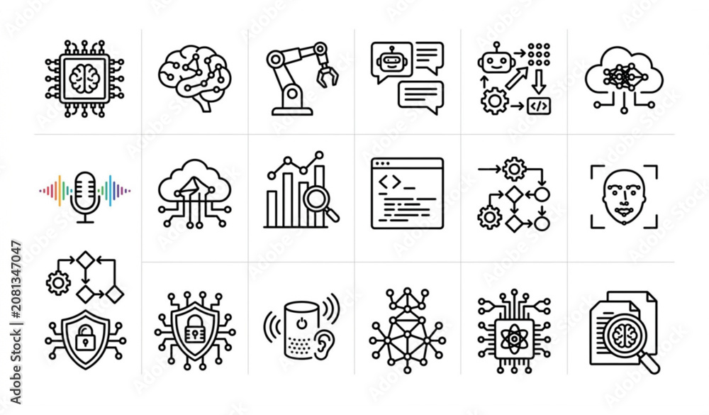 Fototapeta premium Minimal black and white artificial intelligence icons pack with neural network robotics and machine learning symbols vector isolated on white background