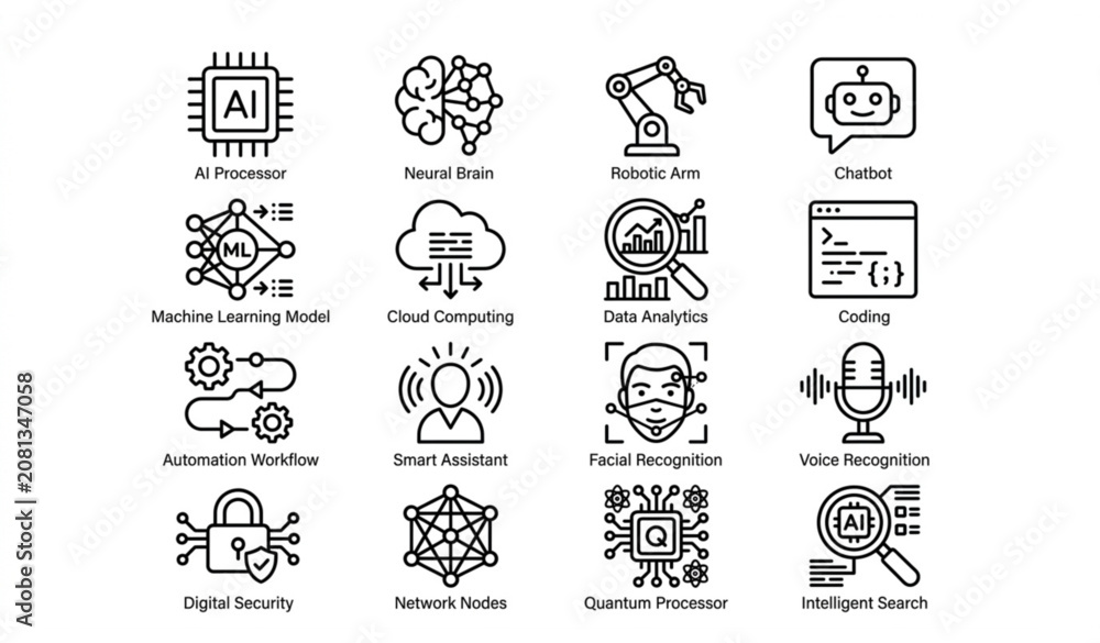 Fototapeta premium Minimal black and white artificial intelligence icons pack with neural network robotics and machine learning symbols vector isolated on white background