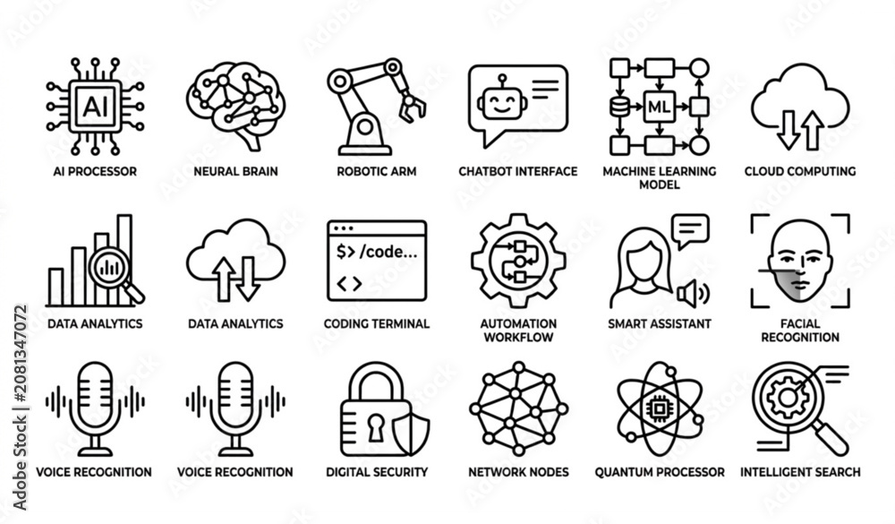 Fototapeta premium Minimal black and white artificial intelligence icons pack with neural network robotics and machine learning symbols vector isolated on white background