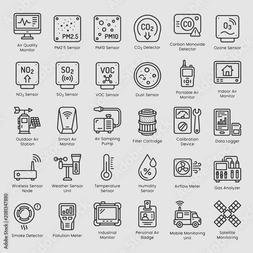Air Quality Monitoring Devices Line Icons Set for Pollution Sensors and Environmental Measurement. Including Air Quality Monitor, PM2.5 Sensor, PM10 , CO2 Detector, Carbon Monoxide Detector, etc.