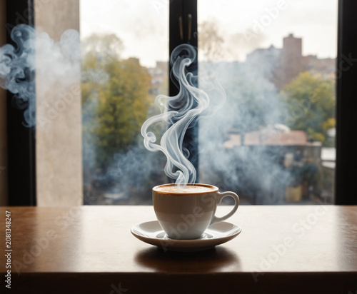 The coffee in the cup emits a fragrant aroma.