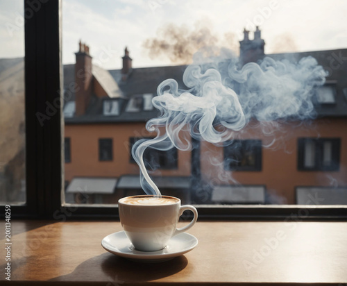 The coffee in the cup emits a fragrant aroma.