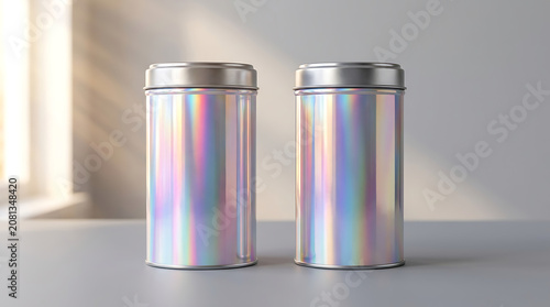 Two iridescent metallic tea canisters with holographic finish on grey surface showcasing premium packaging design