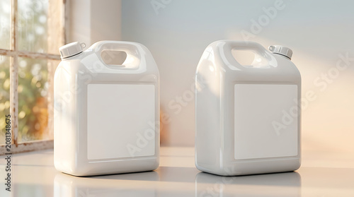 Two white plastic gallon jerry cans with blank labels for branding mockup automotive industrial chemical storage container