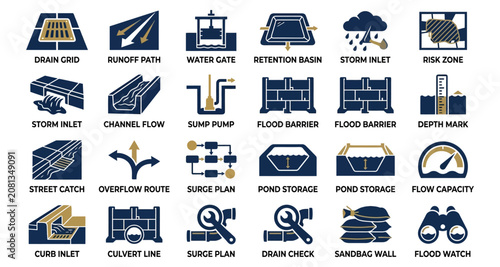 Collection of flood control icons in a vector flat style isolated on white background