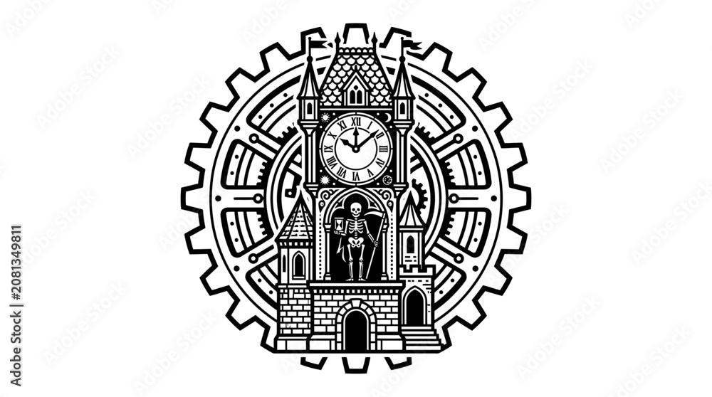 Fototapeta premium Steampunk Clock Tower Skeleton Emblem
