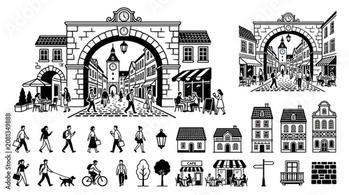 Charming European Town Street Scene with People and Buildings