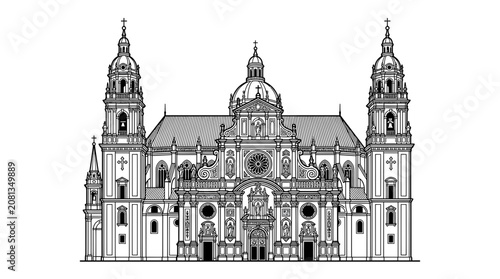 Baroque Cathedral Facade Line Art Illustration