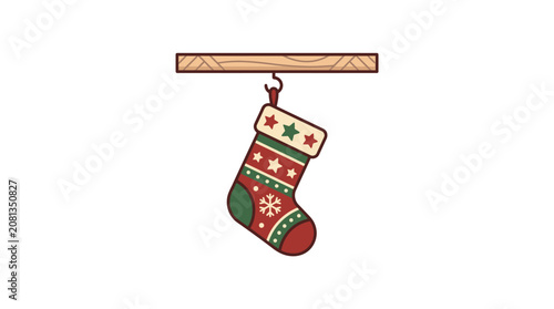 A decorative holiday stocking hangs from a wooden mantle piece