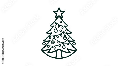 A simple black line art illustration of a decorated evergreen tree