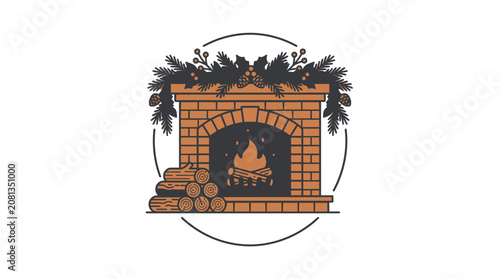 A stylized illustration of a cozy brick fireplace with burning logs and festive evergreen branches
