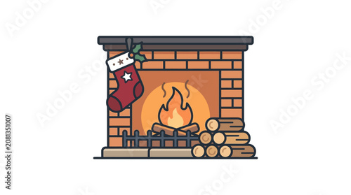 A festive brick fireplace with a hanging stocking and burning logs