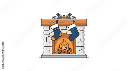A cozy stone fireplace with two hanging stockings and a festive evergreen branch on the mantle