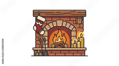 A cozy brick fireplace illustration with a hanging stocking and glowing candles