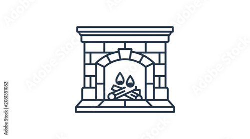 A simple line art illustration of a brick fireplace with burning logs inside