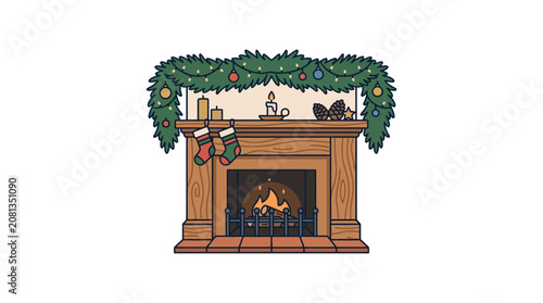 A cozy wooden fireplace decorated with festive holiday ornaments and hanging stockings