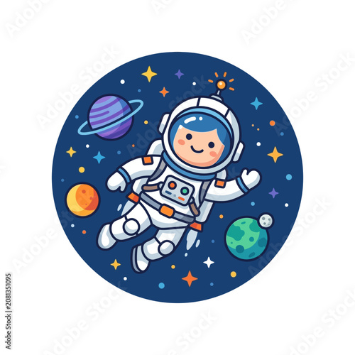 A cute cartoon astronaut floating in deep space with colorful planets and bright stars