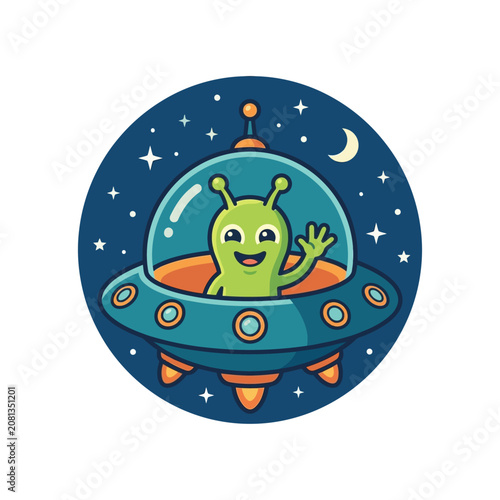 A friendly green extraterrestrial waves from inside a circular flying saucer in deep space