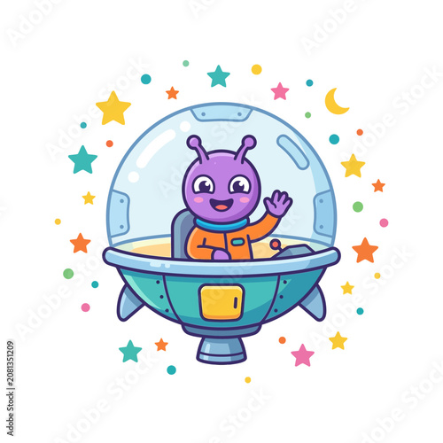 A cute purple alien character waves from inside a colorful flying saucer in outer space
