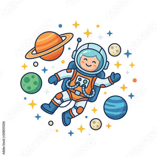A cute cartoon astronaut floating in outer space surrounded by colorful planets and bright stars