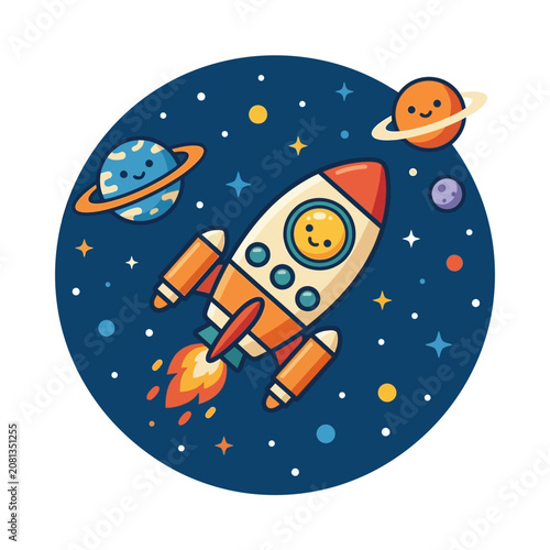 A cute cartoon rocket ship travels through deep space with smiling planets