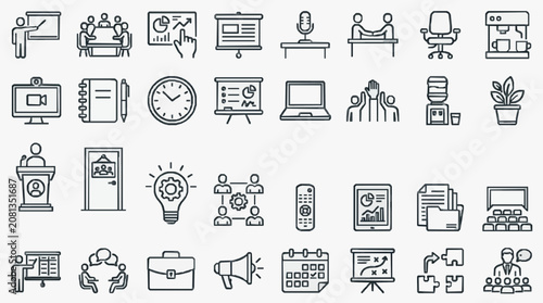 Clean Minimalist Black and White Line Icons Set Featuring Office Education and Business Concepts