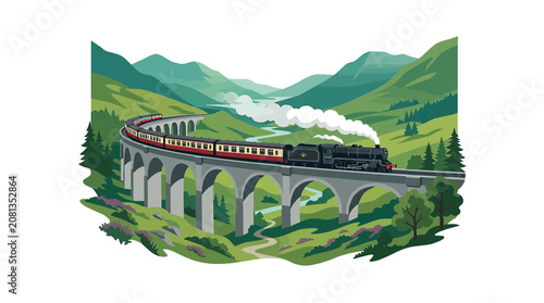 Vintage Steam Train Crossing Picturesque Mountain Valley Viaduct