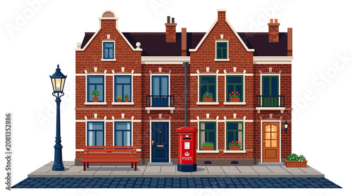 Charming Brick Townhouses with Lamppost and Postbox - European Street Scene