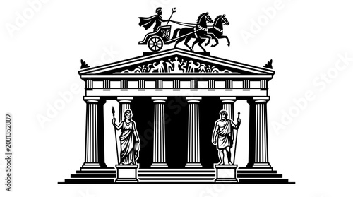 Ancient Greek Temple Facade with Chariot Sculpture and Statues