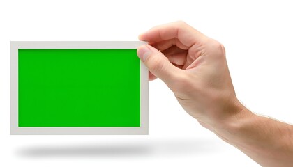 A hand holding up a green screen photo frame on a white background